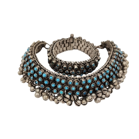 Rare Indian Antique Slivertone and Turquoise Necklace and Bracelet from 1950s - Picture 1 of 16